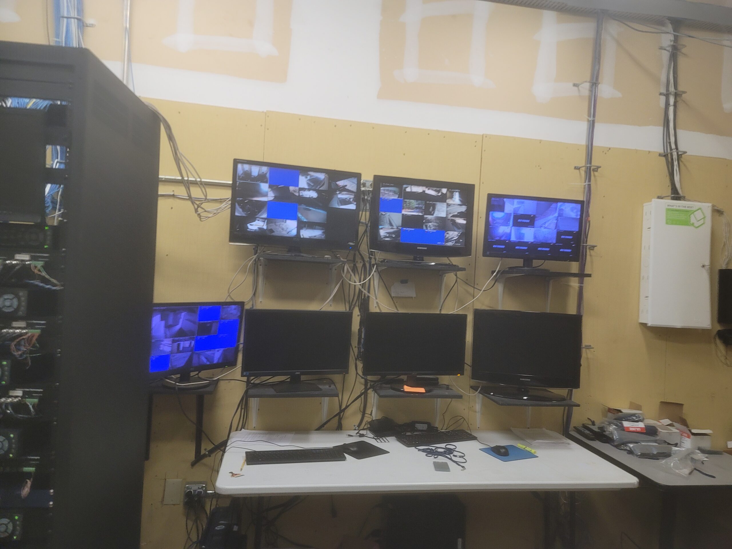 Multi-screen camera monitoring wall set up for a commercial customer